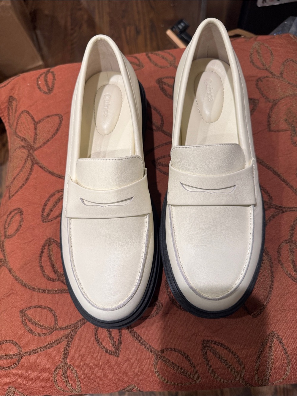 Quince White Leather Loafers with Black Sole - Women's Penny Loafers
